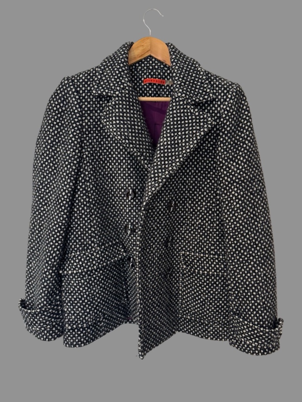 Alice + Olivia Black/ White Wool Blend Short Pea Coat L - Picture 4 of 9